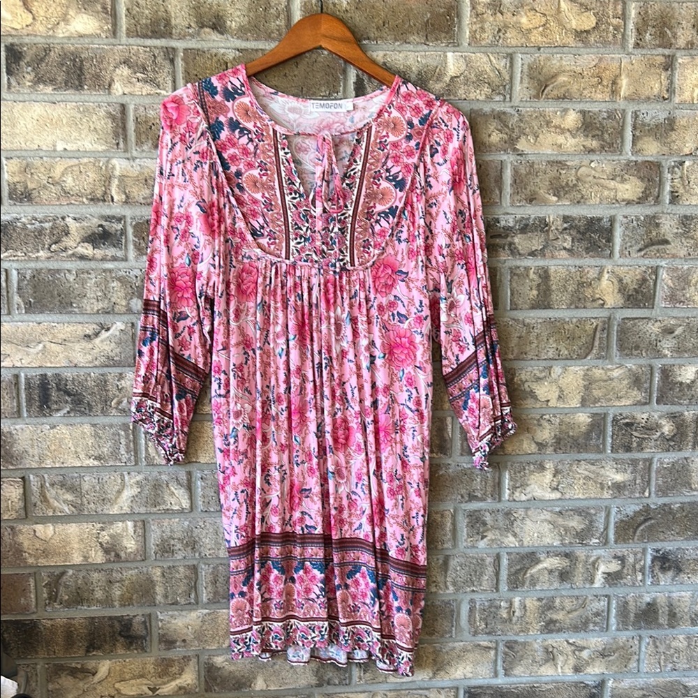 Pink Floral Tunic Dress Bohemian 3/4 sleeves tie front California Beach size L